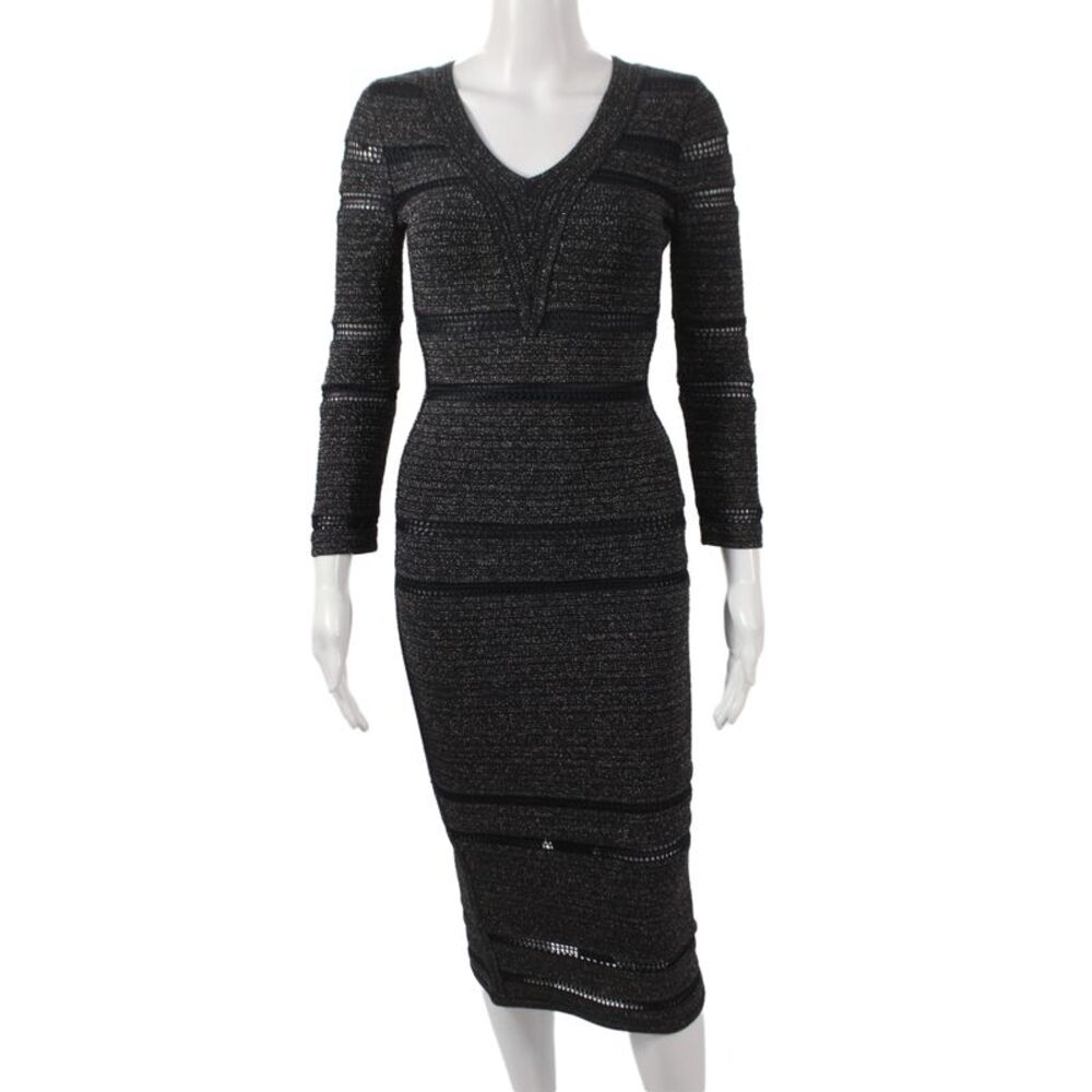 Herve Leger Womens Bodycon Dress Black V Neck Long Sleeve Mid Calf Size XS